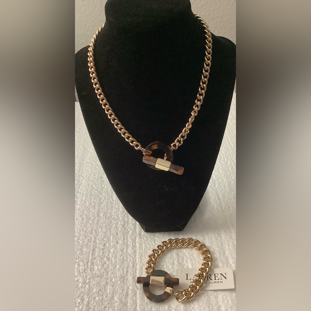 Ralph Lauren Gold-Tone Logo Tortoise-Look Toggle 17" Necklace & Bracelet Set